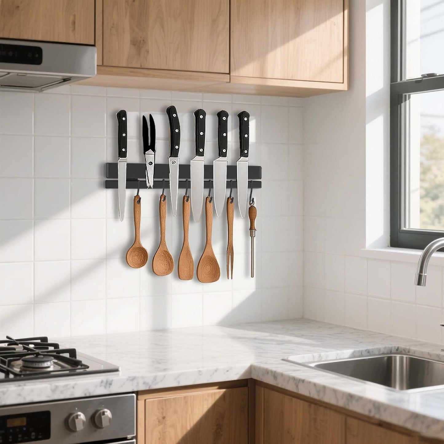 12 Inch Magnetic Knife Holder for Wall, Adhesive Knife Magnetic Strip No Drilling with 6 Hooks, Powerful Magnetic Knife Strip, Magnetic tool Holder for Kitchen Knives & Utensils (Black)