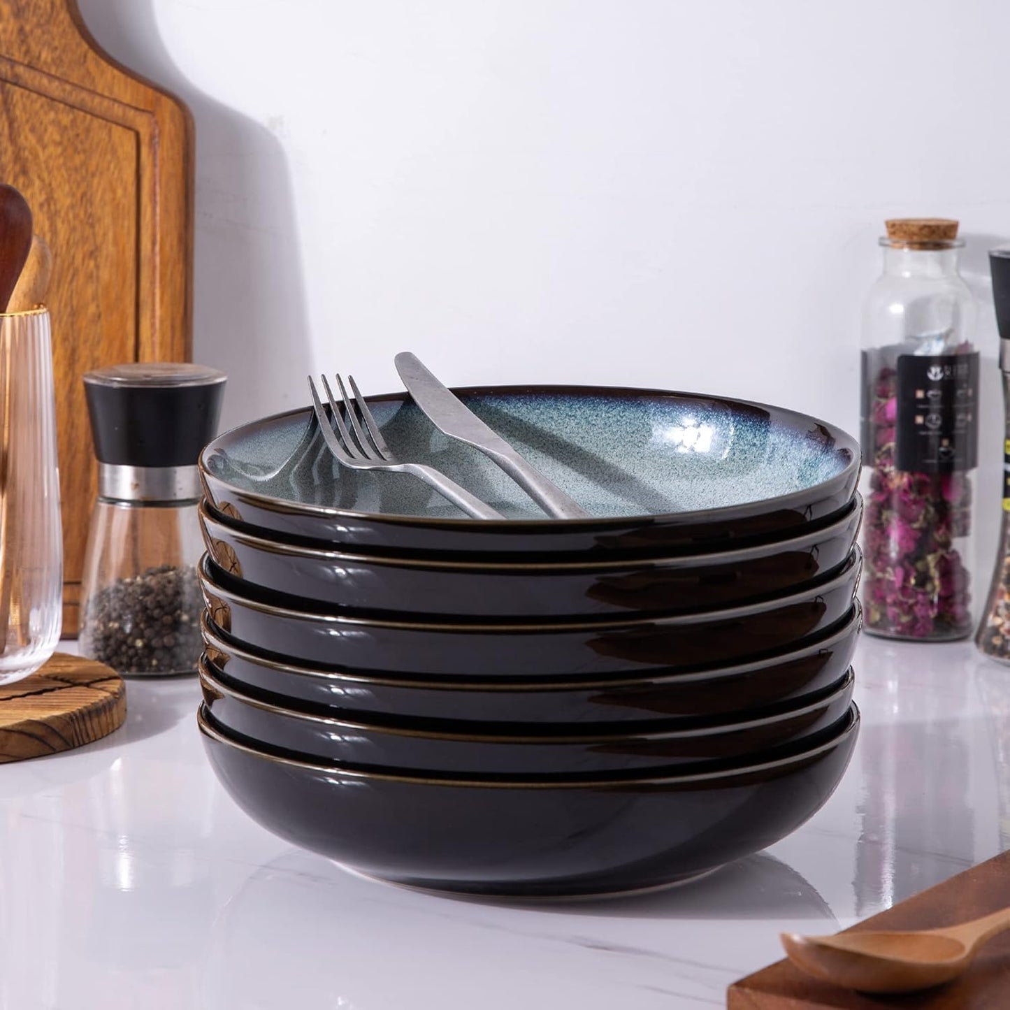 LERATIO Large Pasta Bowls,38oz Ceramic Pasta Bowls,9.0" Reactive Glaze Pasta Bowl Set of 6,Microwave & Dishwasher,Oven Safe,Wide Serving Bowls for Salad,Pasta,Fruit,Scratch Resistant-Gray White