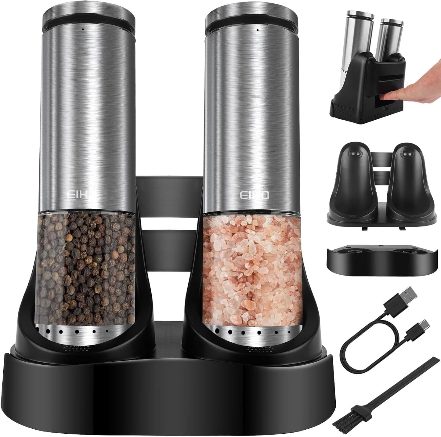 EIHO Electric Salt and Pepper Grinder Set USB Rechargeable, Upgraded External Adjustable Coarseness, Stainless Steel Automatic Salt and Pepper Shakers Mills with LED Light, House Warming Cooking Gifts