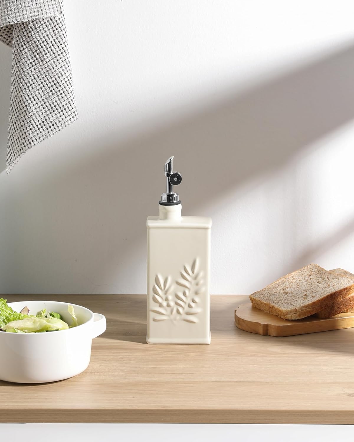 Sweejar Ceramic Olive Oil Dispenser Bottle for Kitchen, 17 Oz Relief Opaque Oil and Vinegar Dispenser Bottle with Spout, Suitable for Soy Sauce, Coffee Syrup, Liquids (Beige)