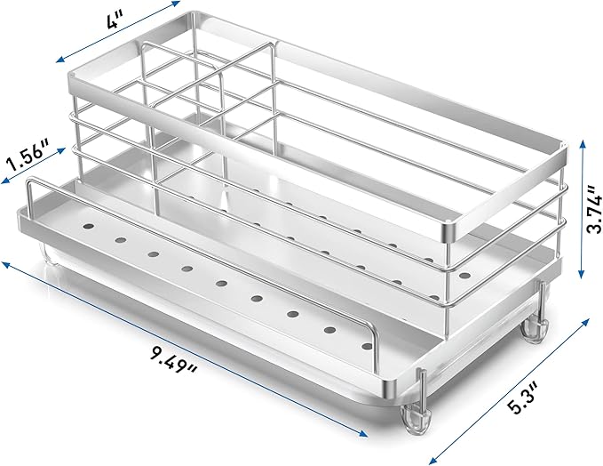 Cisily Stainless Steel Sponge Holder for Kitchen, Sink Caddy Sink Organizer Rack for Kitchen Accessories with Drip Tray, Rustproof and Non-slip, Dish Soap Dispenser Countertop Organizer