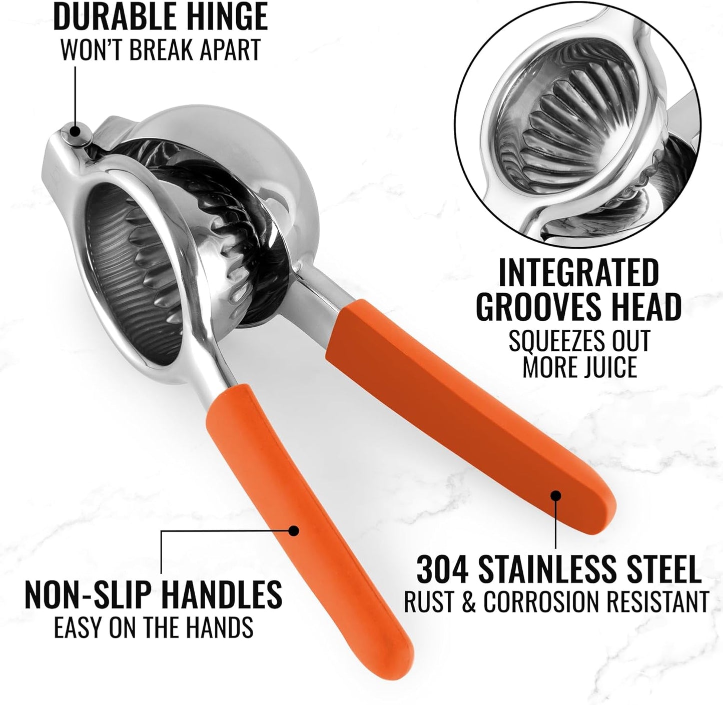 Zulay Lemon Squeezer Stainless Steel with Premium Heavy Duty Solid Metal Squeezer Bowl and Food Grade Silicone Handles - Large Manual Citrus Press Juicer and Lime Squeezer Stainless Steel (Orange)