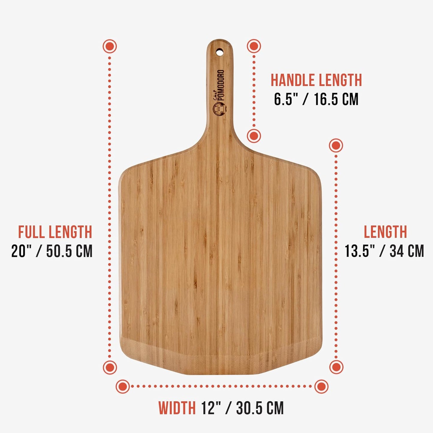 Chef Pomodoro 12-inch Bamboo Pizza Peel, Wooden Pizza Peel 12 Inch, Homemade Wood Pizza Peel with Handle, Pizza Oven Accessories, Spatula Gourmet