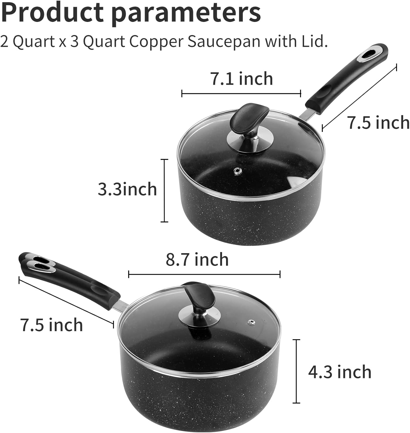Nonstick Saucepan Set - 2 Quart and 3 Quart,Ultra Non Stick Sauce Pan Small Pot with Glass Lid,Great for Home Kitchen Restaurant,Black