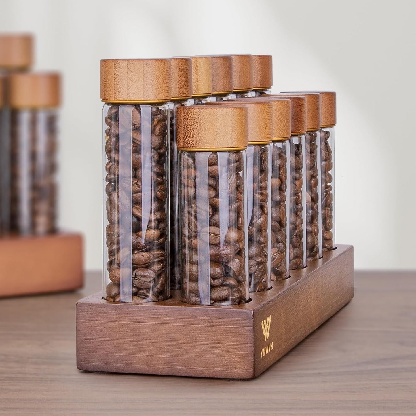 Single Dose Coffee Bean Storage Tubes with Wooden Base and Lids,Set Of 12 Dosing Glass Vials for Coffee Benn Container Cellars, Espresso Bean Canisters Set,6pc- 2 fl oz, 6pc-1.7 fl oz