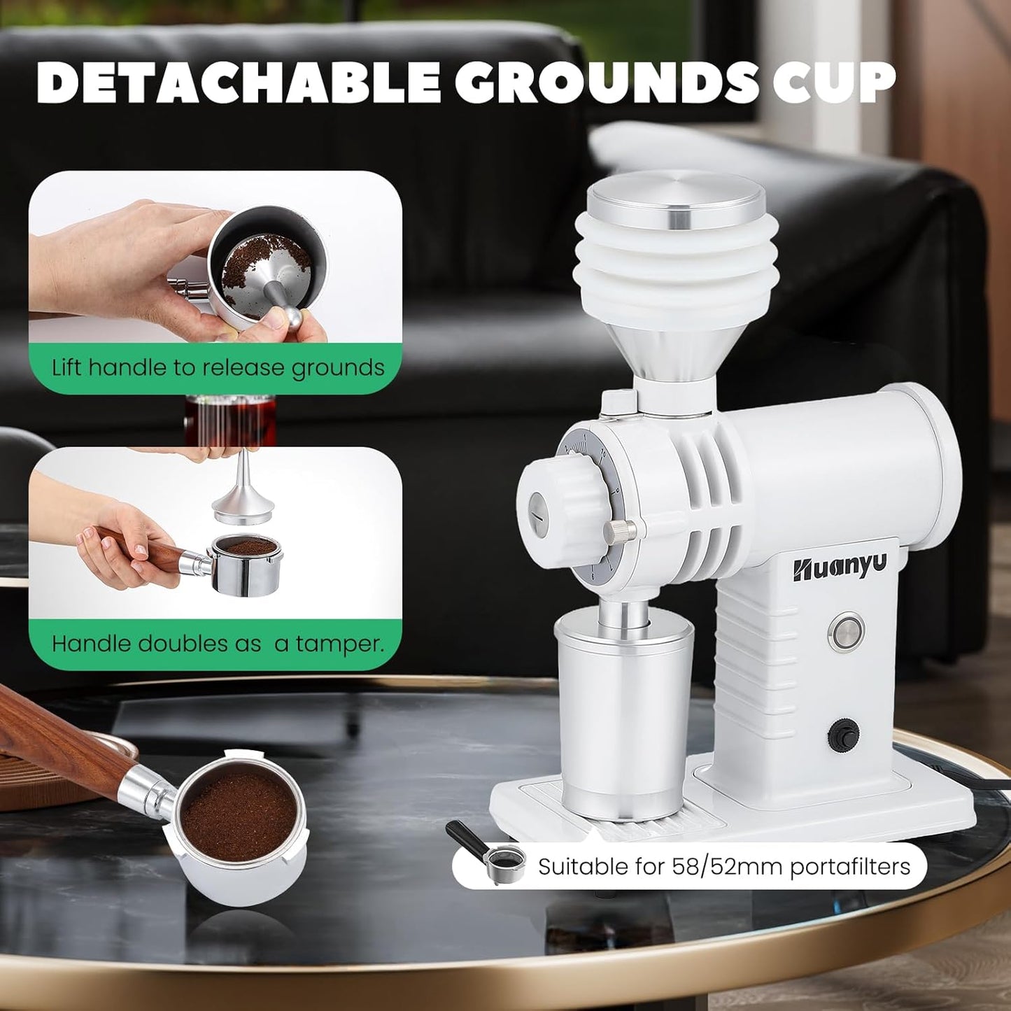 Huanyu Espresso Grinder with Titanium Flat Burr Electric Coffee Grinder with Hopper Bellows 10 Precise Grind Setting Coffee Grinders for Home Use White