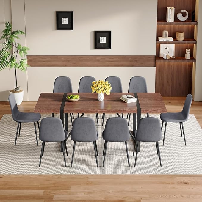 86.6" Dining Table Set for 10, Modern 11 Piece Wood Kitchen Table and Chairs Set, Large Rectangle Dining Table with 10 Linen Fabric Upholstered Chairs, Perfect for Family Gatherings and Dining Room