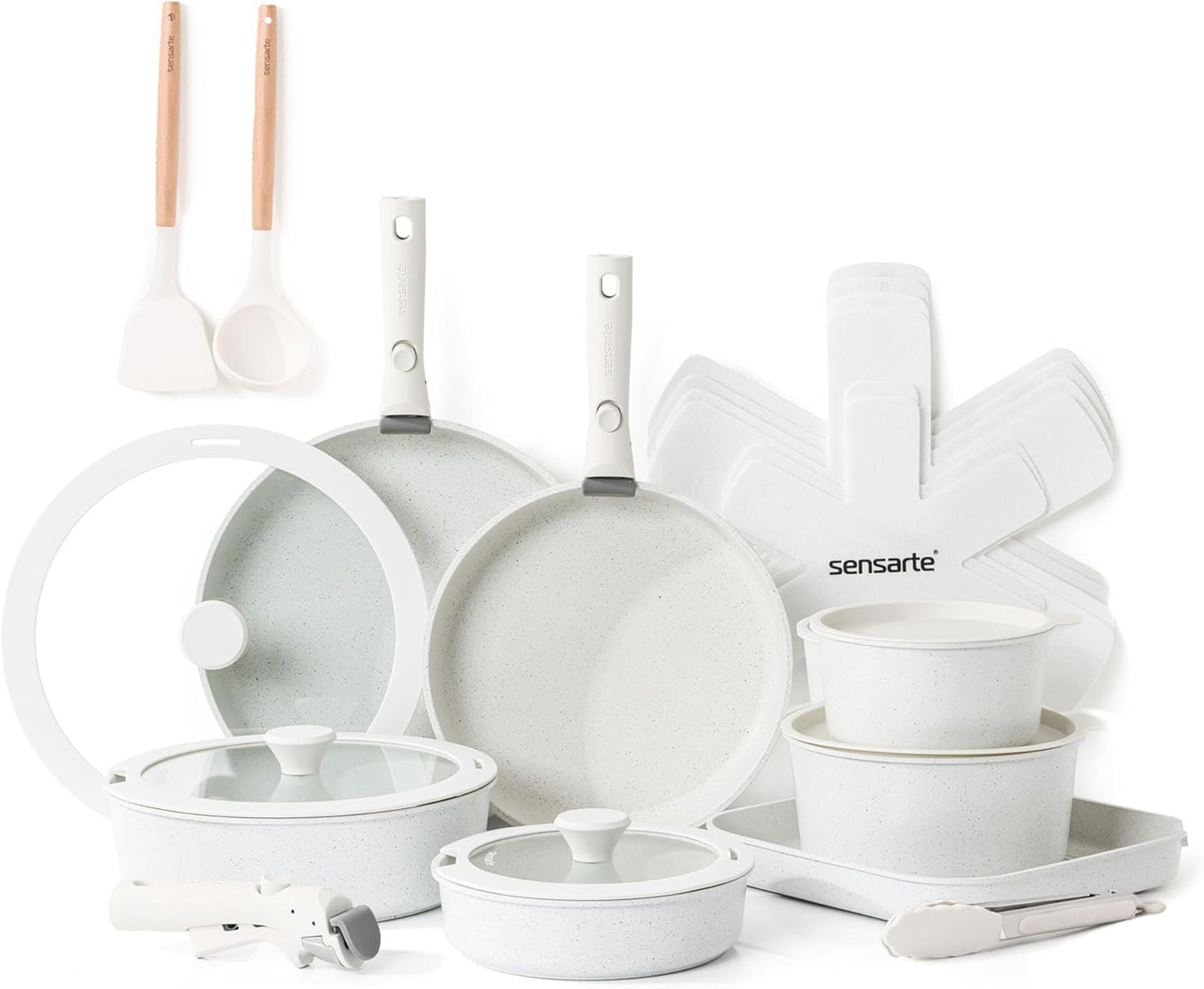 SENSARTE 24 Piece Pots and Pans Set, Nonstick Detachable Handle Cookware, Induction Kitchen Cookware Set with Removable Handle, Healthy Non Stick for RV, Dishwasher ＆ Oven Safe (White)