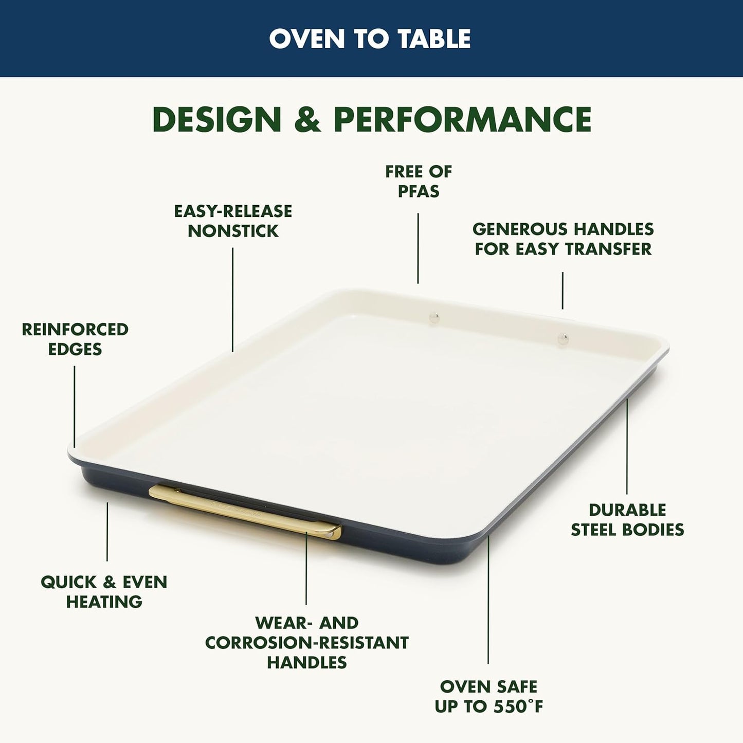 GreenPan Bakeware 13"x18" Half Baking Sheet Pan, Ceramic Nonstick Baking Pan, PFAS & BPA Free, Gold Handles, Durable Steel, Versatile & Space Saving Ovenware, Freezer to Oven Dish, Oxford Blue