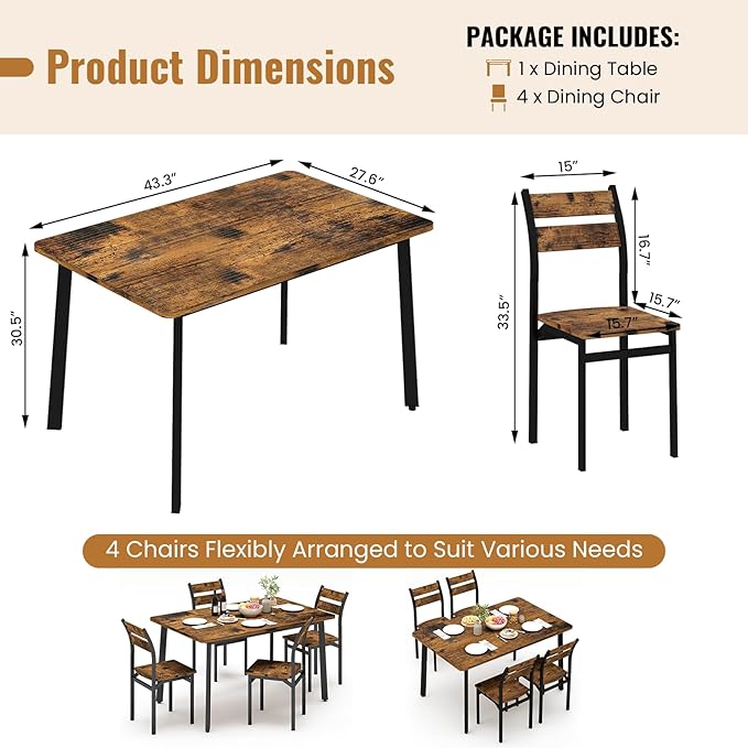 Recaceik Dining Table Set for 4, Kitchen Table and Chairs Set of 4 Wood Kitchen and Dining with Classic Dinner Chairs for Small Space Apartment Home