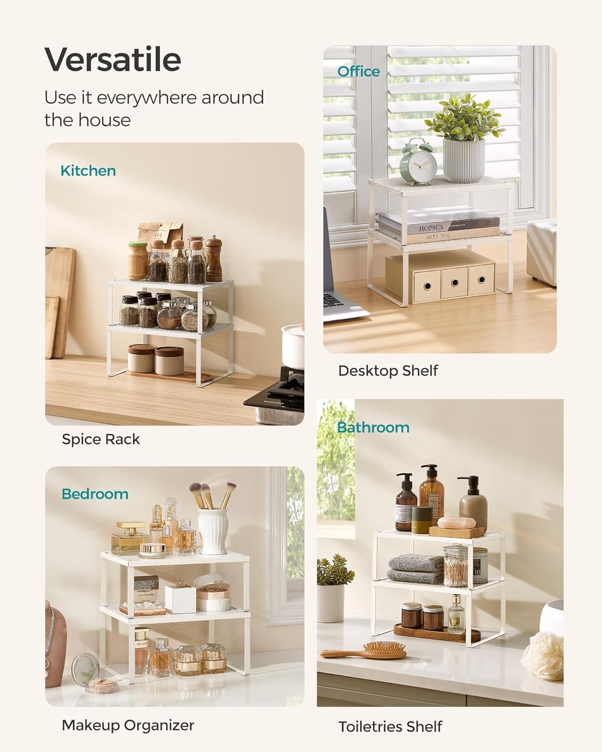 SONGMICS Spice Racks, Set of 4 Metal Cabinet Shelf Organizers, Countertop Organizers, Shelf Risers, Stackable, Expandable, Oatmeal Beige UKCS006K01