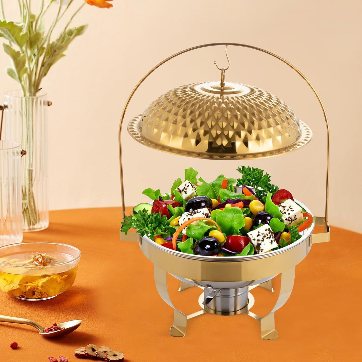 Chafing Dish Buffet Set, Stainless Steel Hanging Lid Dining Stove, Roll Top Chafing Dish Buffet Diamond-Shaped Lid and Round Stand for Buffet Restaurants and Banquets (Gold, 6L/6.3QT)