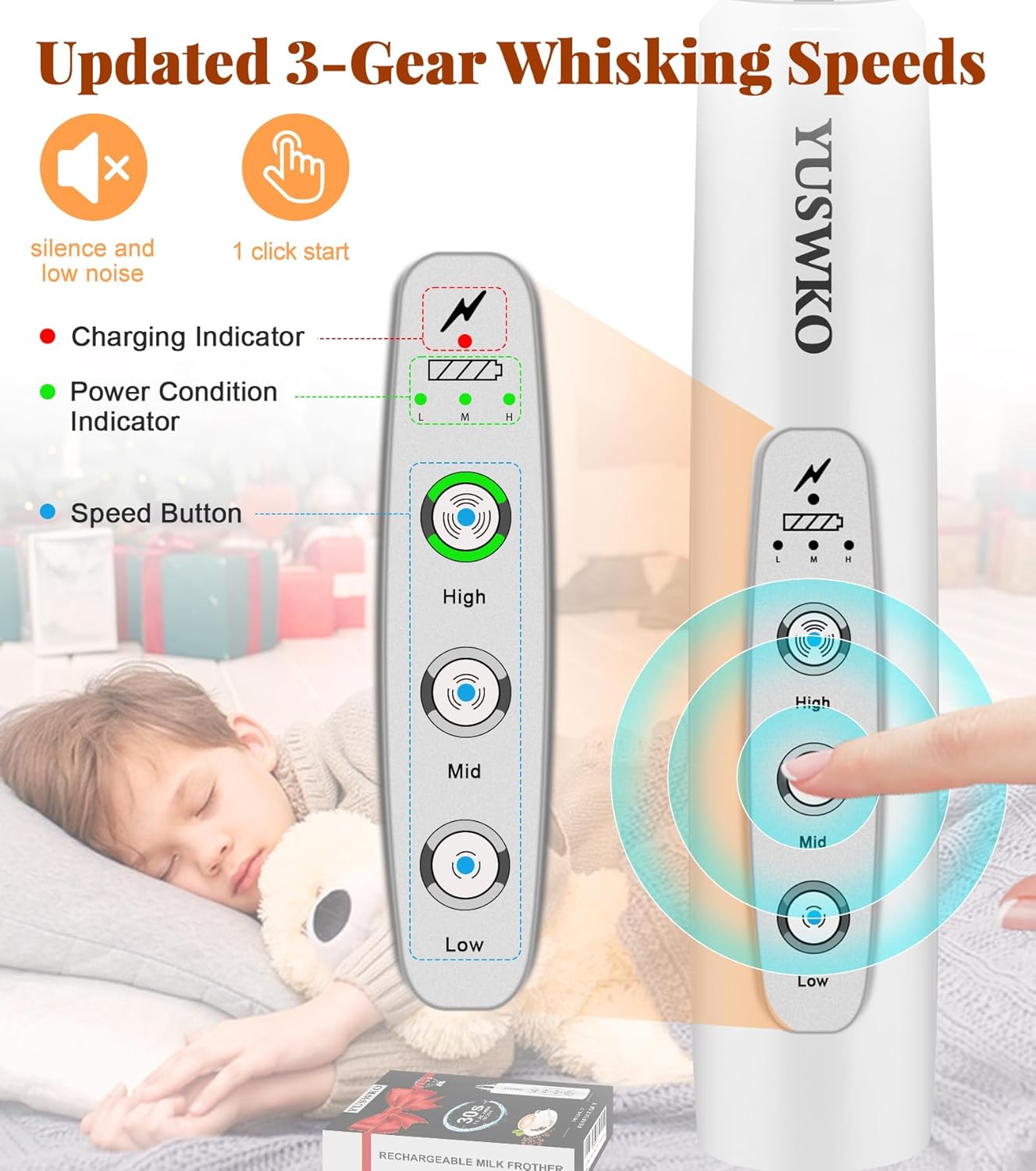 YUSWKO Milk Frother Handheld for Coffee, Rechargeable Drink Mixer with 3 Heads 3 Speeds Electric Coffee Frother Whisk, Gift for Many Occasions and Festival