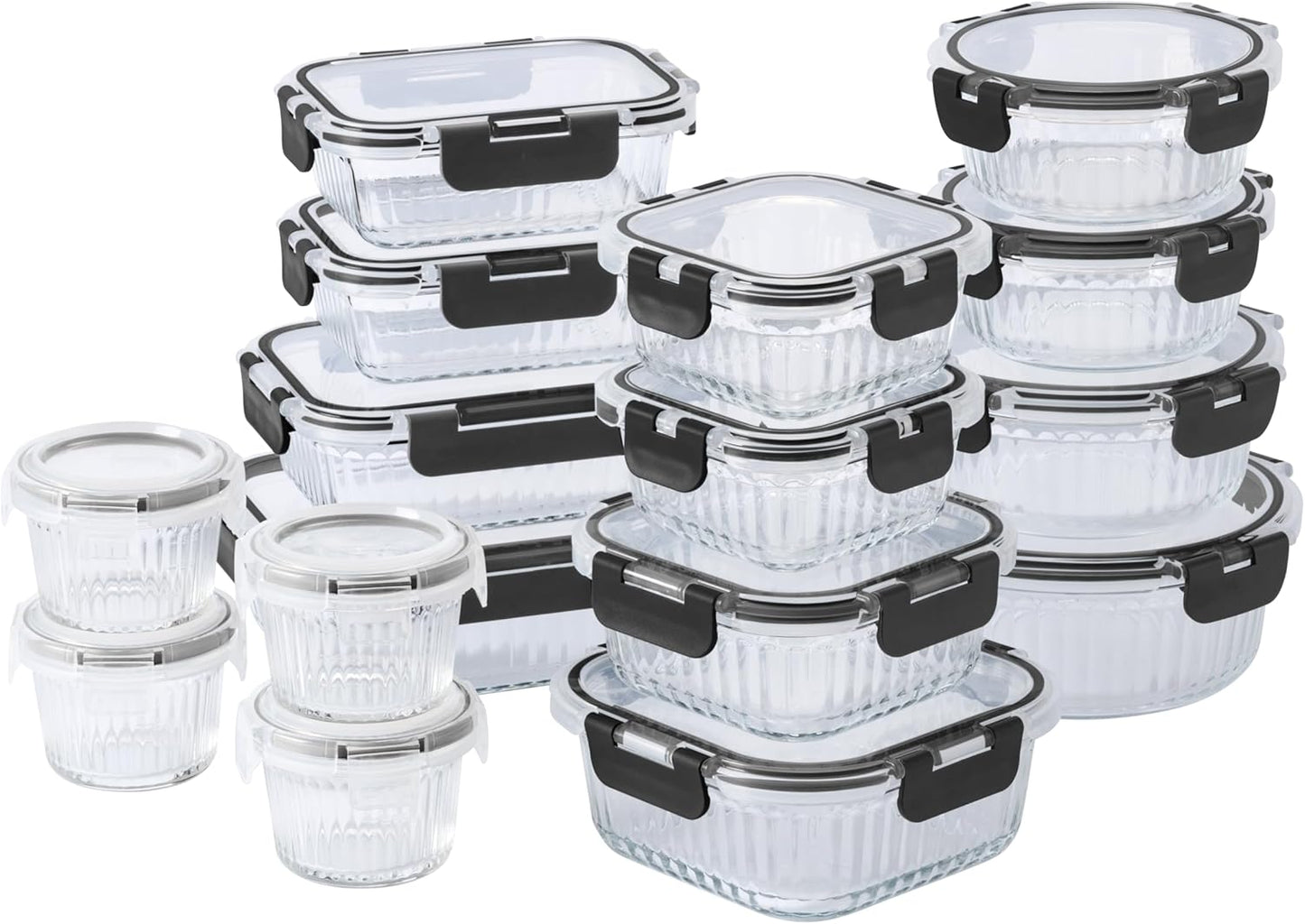 COOK WITH COLOR Premium 32-Pc. Borosilicate Glass Food Container Set with Dividers - 4 Rectangles, 8 Rounds, 4 Squares - Leakproof Lids - Meal Prep, Storage, Fluted Ombre Black