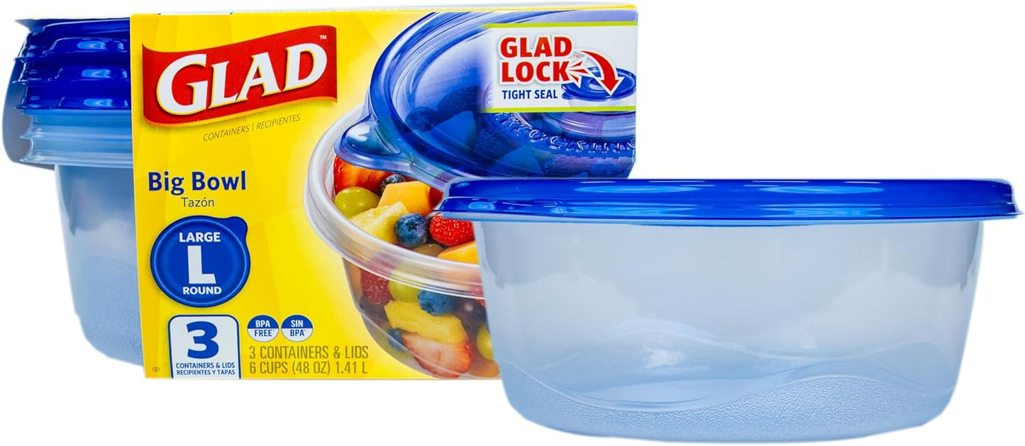 Glad GladWare Big Bowl Food Storage Containers, Large Round Bowl Holds 48 Ounces of Food Food Storage Containers for Everyday Use to Preserve Freshness, 3 Count
