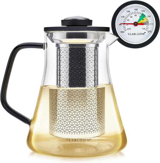 Teabloom 2-in-1 Tea Kettle and Tea Steeper - Glass Teapot with Thermometer and Stainless Steel Loose leaf Tea Infuser, No Whistle Kettles, Virtuoso 34-Ounce Tea Maker