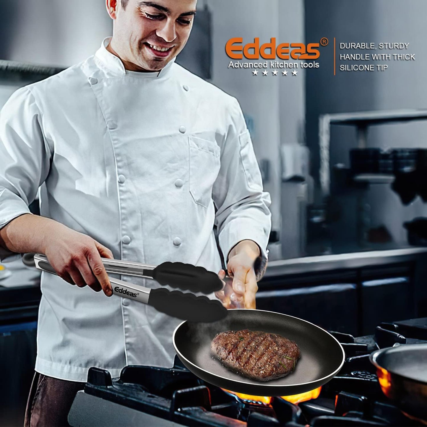 Kitchen Tongs with Silicone Tips, Tongs for Cooking Heat Resistant 600 Degrees Stainless Steel Locking Tong - 7" 9" & 12 inch Silicone Tong Non-Stick, Black Set of 3