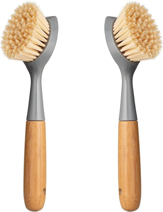 2 Pack Kitchen Dish Brush Bamboo Handle Dish Scrubber Built-in Scraper, Scrub Brush for Pans, Pots, Kitchen Sink Cleaning, Dishwashing and Cleaning Brushes are Perfect Cleaning Tools, Color-Gray