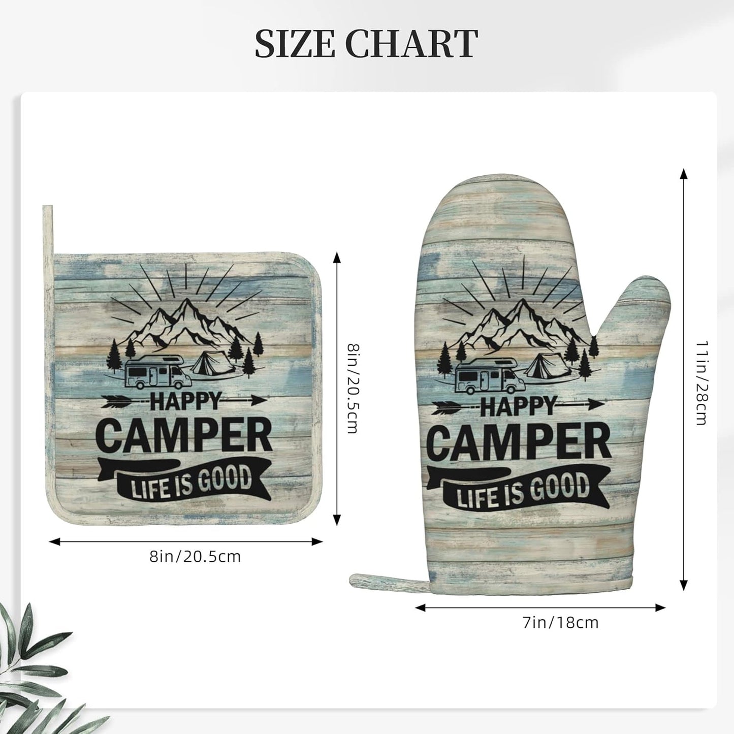 Happy Camper Oven Mitts and Pot Holders Sets of 4,Resistant Hot Pads with Silicone Non-Slip BBQ Gloves for Kitchen,Cooking,Baking,Grilling