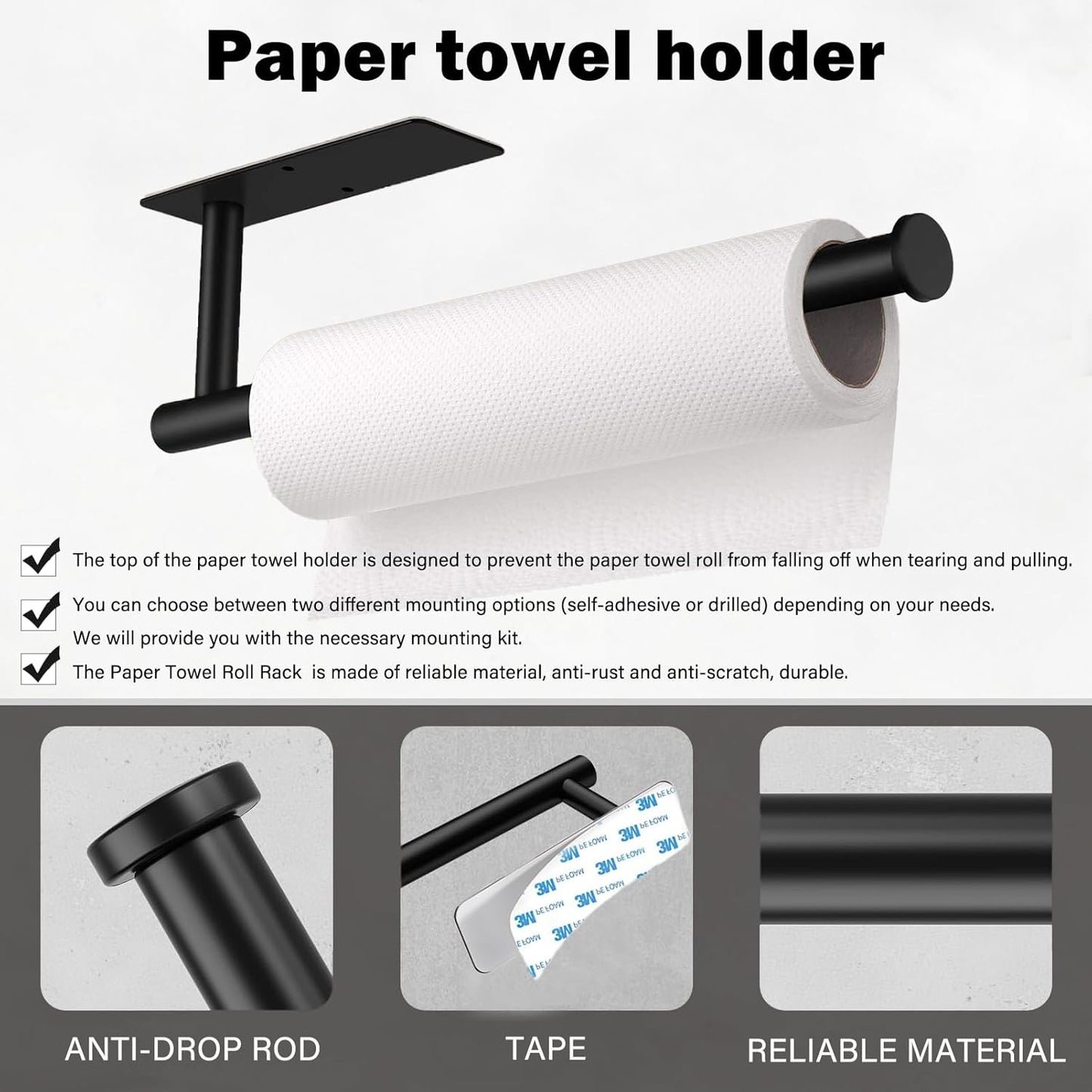 Self Adhesive or Drilling Paper Towel Holder Under Cabinet,Black Stainless Steel Hanging Paper Towel Holder Wall Mount for Kitchen Paper Towel,Under Counter Paper Towel Roll Rack for Home,Bathroom,RV