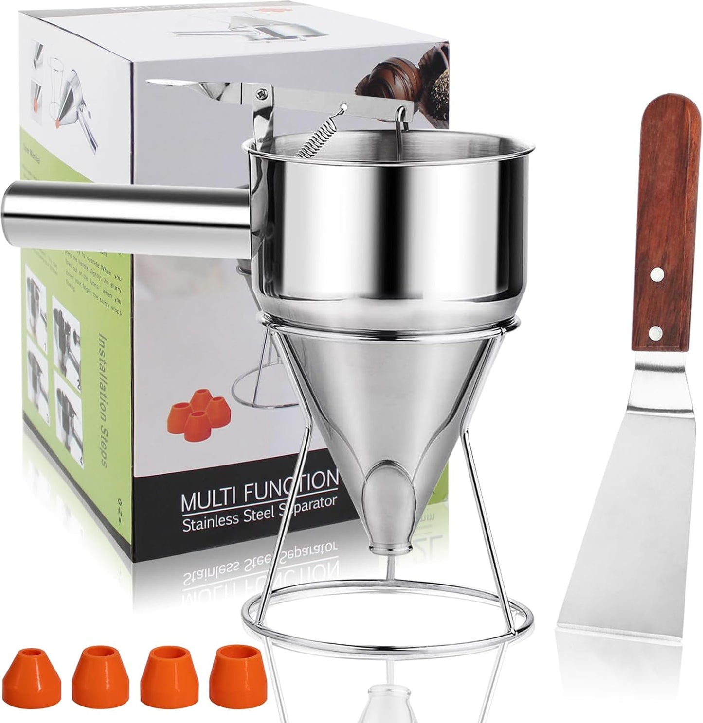 40oz Pancake Batter Dispenser Stainless Steel with Metal Spatula, Stand, Squeeze Handle and Versatile Silicone Funnel, Baking Tool for for Pancake, Cake, Cupcake, Waffles and Muffins Making