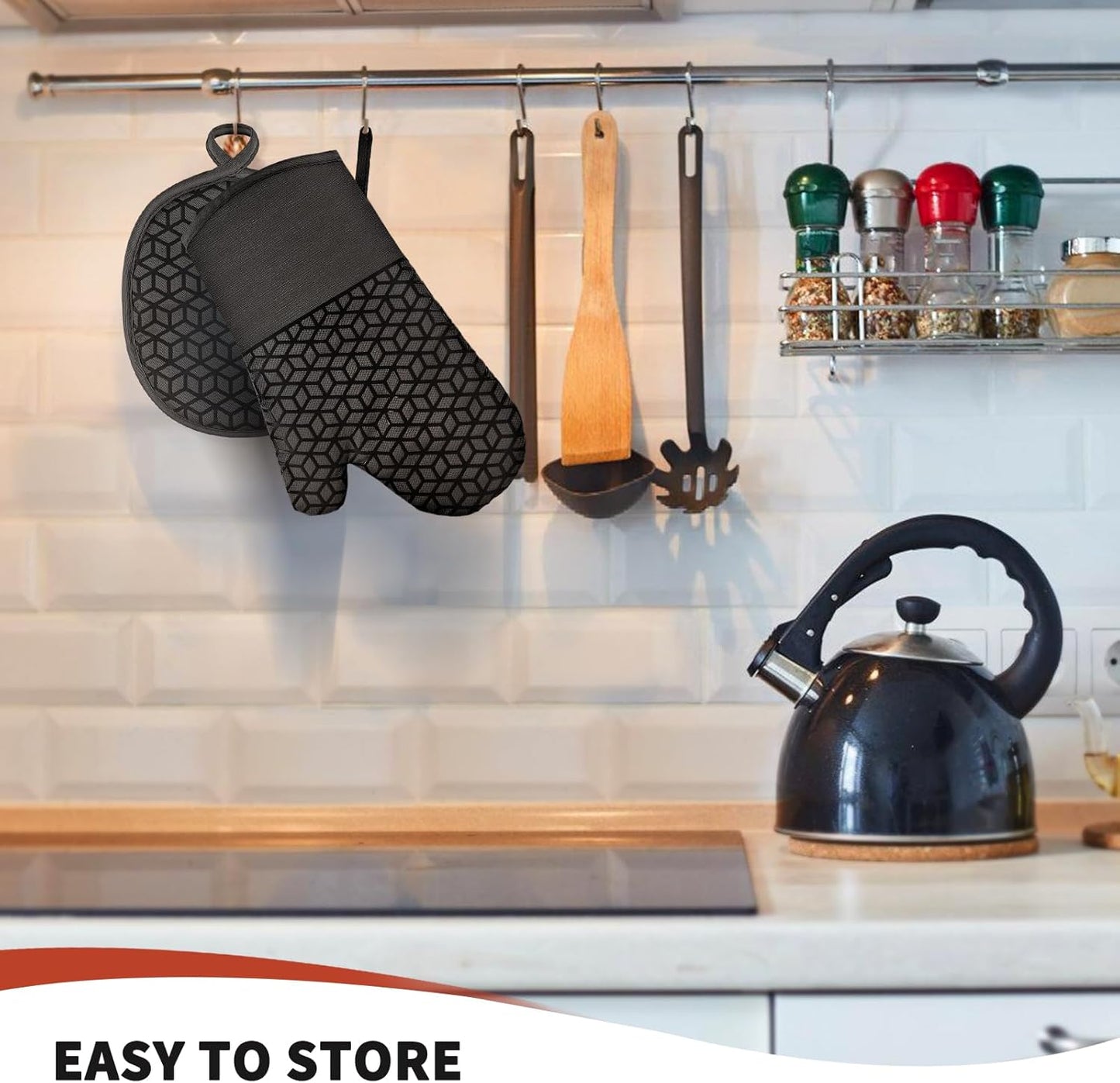 Oven Mitts and Pot Holders,500 ℉ Heat Resistant Oven Mitts Sets,Silicone Oven Gloves, Non-Slip Silicone Textured Grip,Black