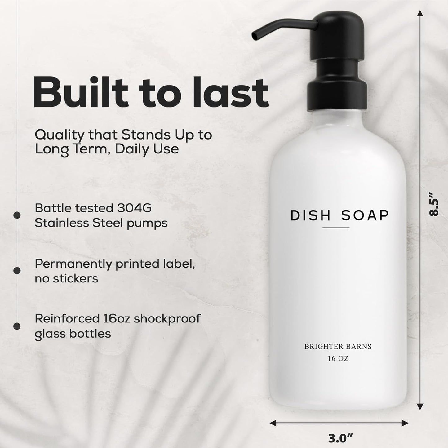 White Glass Hand and Dish Soap Dispenser Set by Brighter Barns - Kitchen Soap Dispenser & Stainless Steel Pump - Glass Bottles for Kitchen Sink - Farmhouse Home Decor, Bathroom Accessories (White)