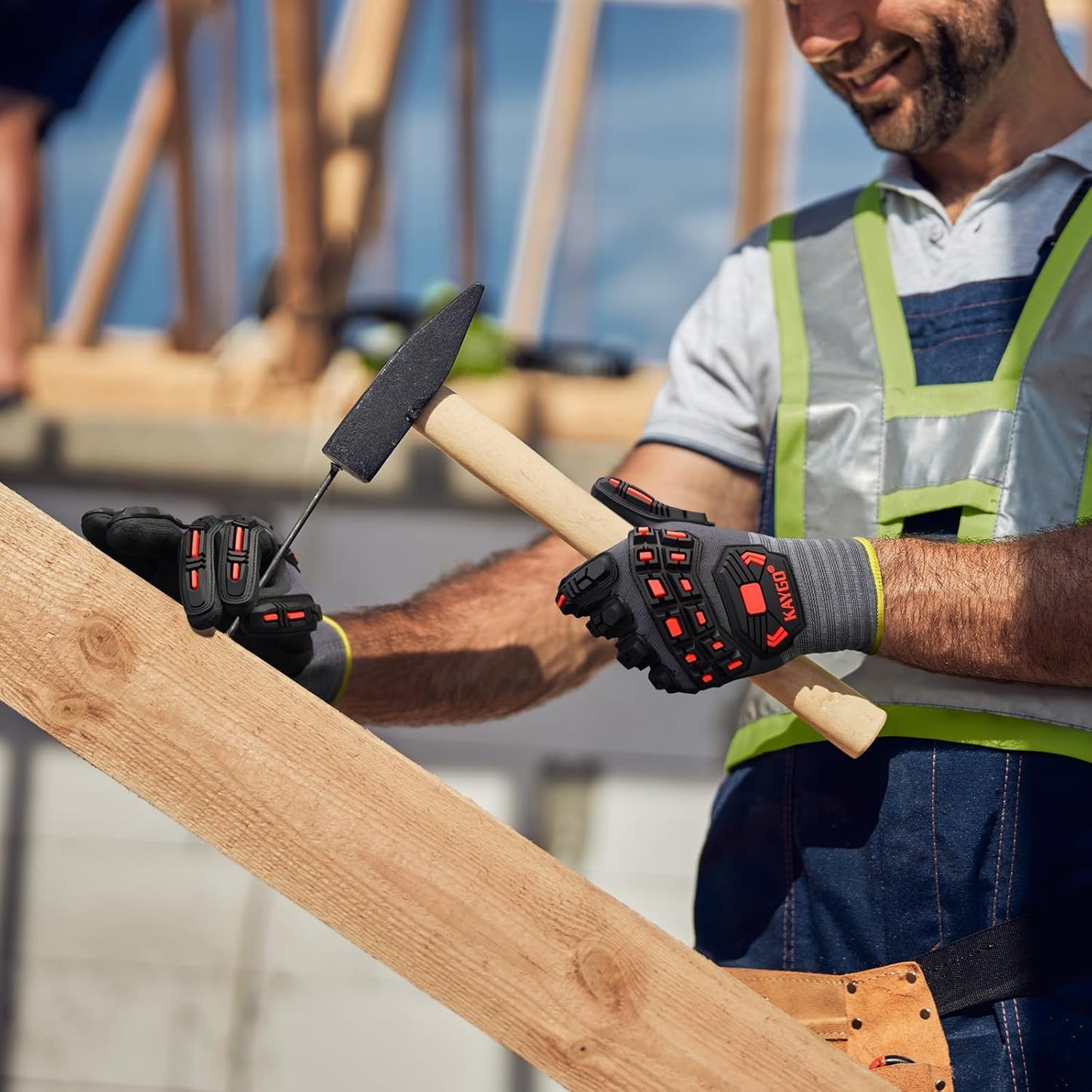 KAYGO Impact Reducing Work Gloves for Men,3 Pairs KG18N TPR Safety Work Gloves MicroFoam Nitrile Coated, Seamless Knit Nylon, Ideal for General Purpose, L