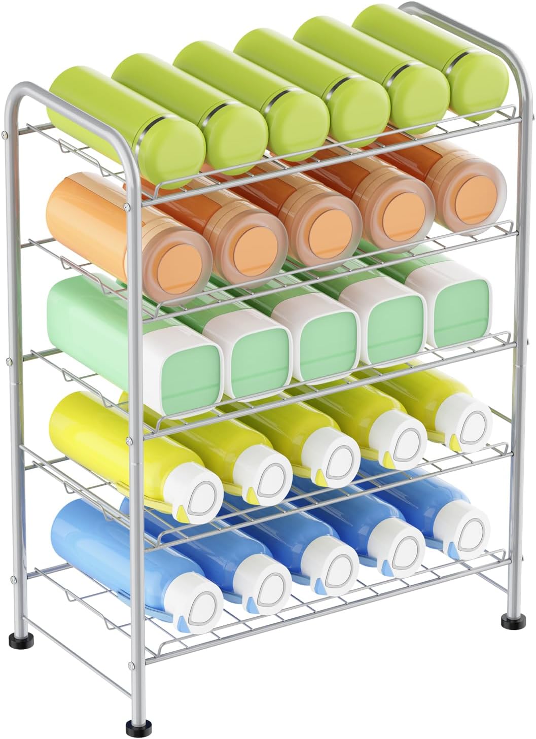 Water Bottle Holder Organizer 5 Tier Water Bottle Storage Rack, Freestanding Floor Beverage Soda Can Dispenser Organizer Rack for Pantry, Kitchen Countertop, Cabinet, Office, Hold 30 Bottles, Silver