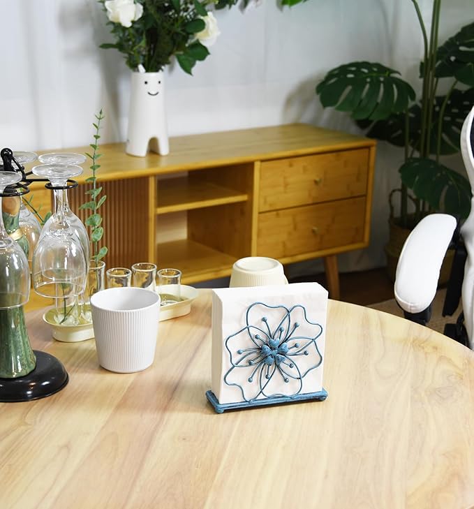 OwlGift Flower Style Napkin Holder, Freestanding Tissue Dispenser, Dining Table Napkin Storage for Home Kitchen Restaurant Picnic Party Wedding Housewarming – Turquoise