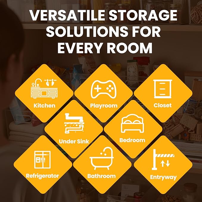 Clear Pantry Organizer Bins, Storage Containers & Plastic Containers with Handle, Cabinet Organizer, Home Organization Must Haves for Kitchen, Laundry Room, Office, Closet & Freezer (6 Pack)