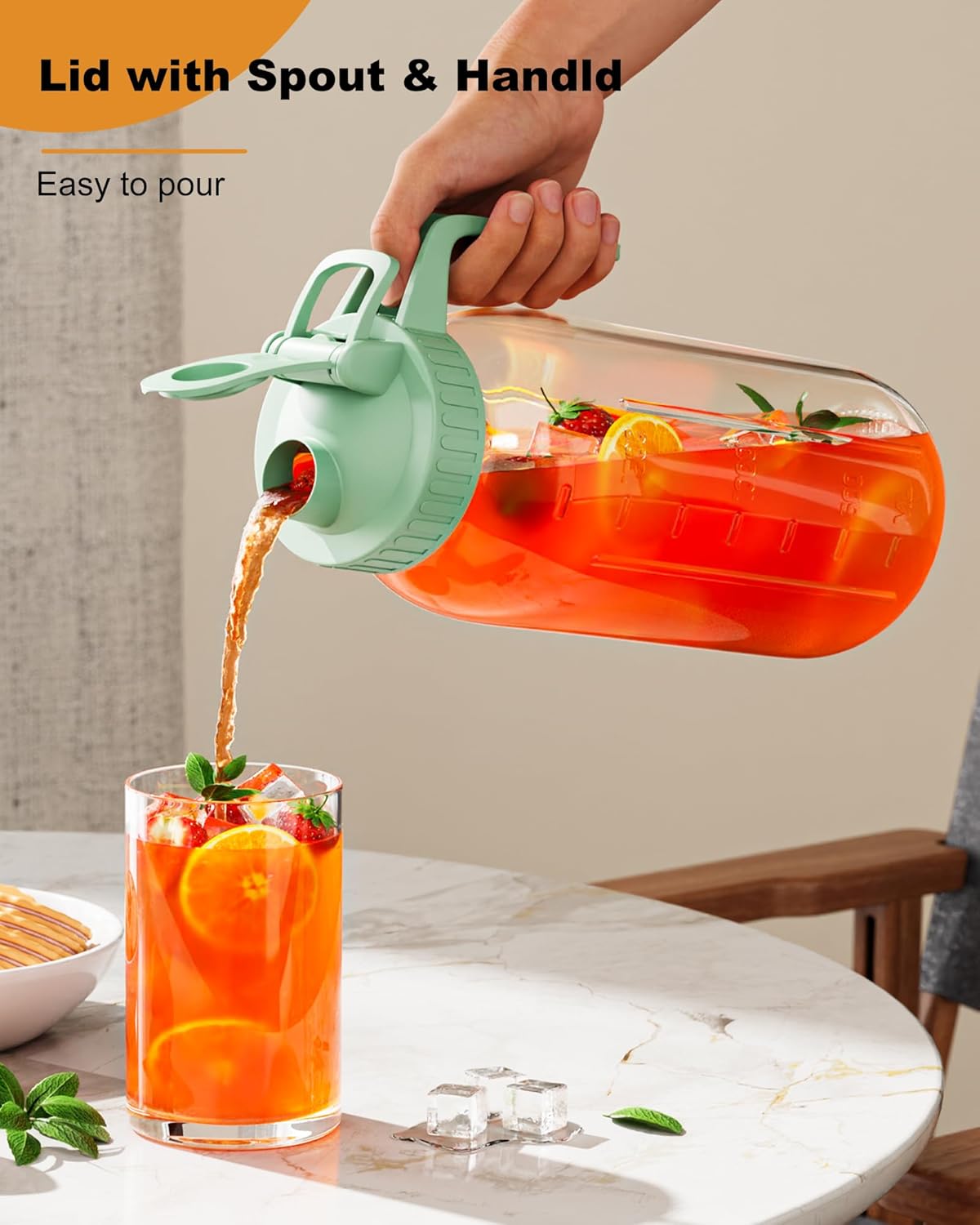 | 2 Pack | 64oz Glass Pitcher with Lid and Spout, 2 Quart (1.9 Liter) Mason Jar Pitcher Wide Mouth, Airtight Water Jug for Juice, Sun Tea, Iced Coffee, Milk Storage, Pink & Green