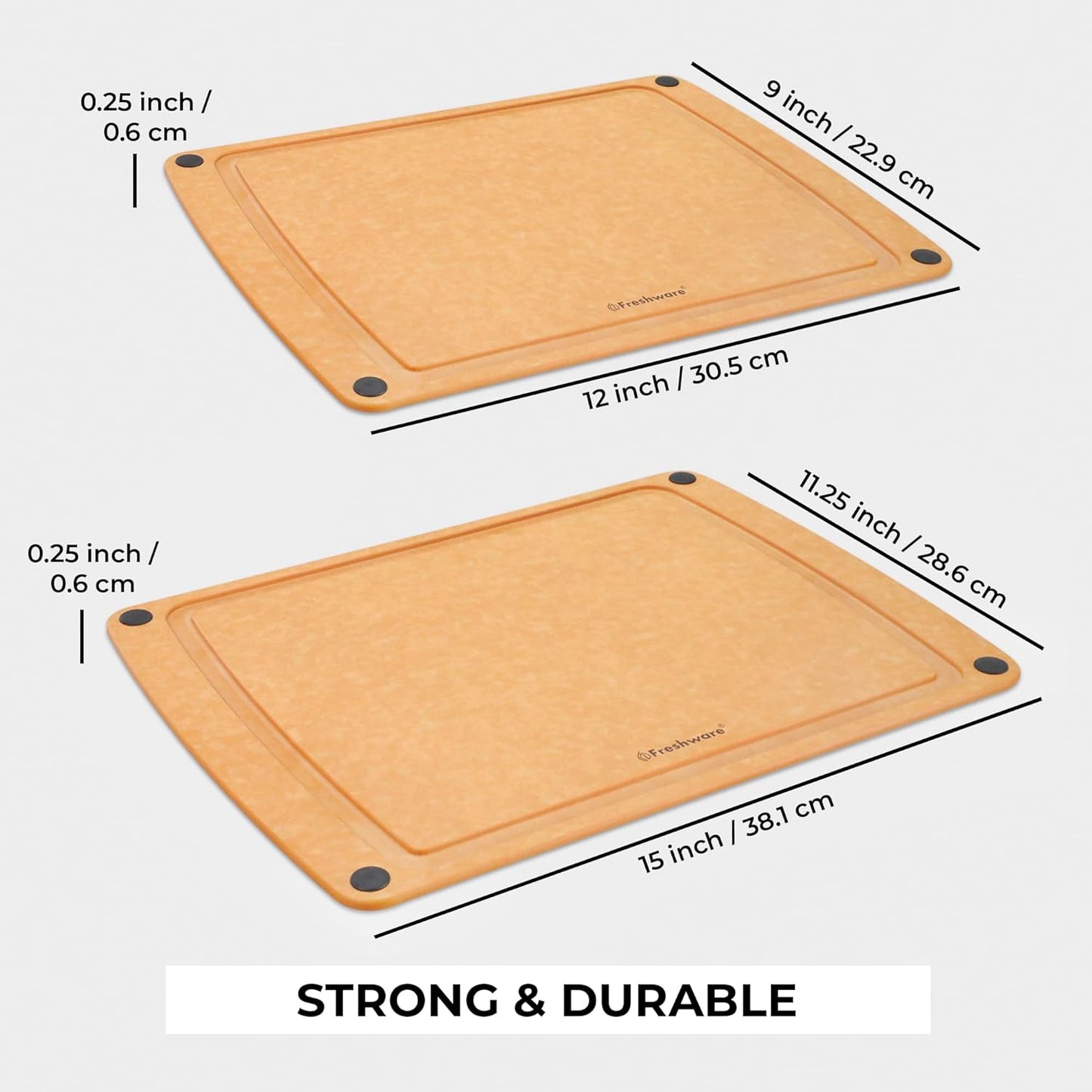Freshware Wood Cutting Boards for Kitchen, Juice Groove, Non-Slip Silicone Feet, Dishwasher Safe, Medium 12" x 9" and Large, 15" x 11.25", Set of 2, Natural