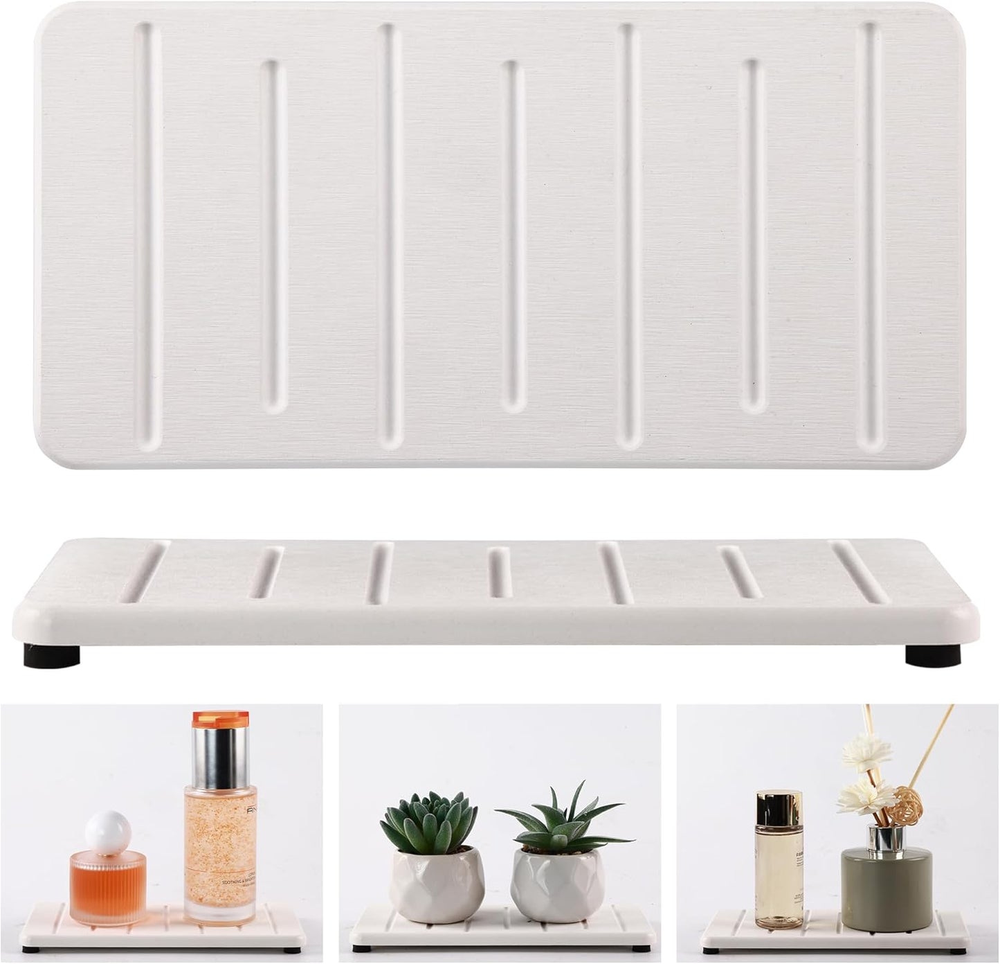 2PCS Water Absorbing Stone Tray for Cosmetics & Hand Soap & Houseplants, 7.87" * 3.94"Diatomite Coaster, Ultra-Absorbent Sink Tray | Fast-Drying Bathroom & Kitchen Organizer