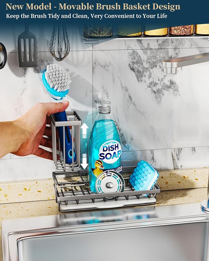 Consumest Sponge Holder for Kitchen Sink, Sink Caddy Organizer with Removable Drip Tray, Countertop Dish Soap Holder and Brush Holder, 304 Stainless Steel - Sand Nickel