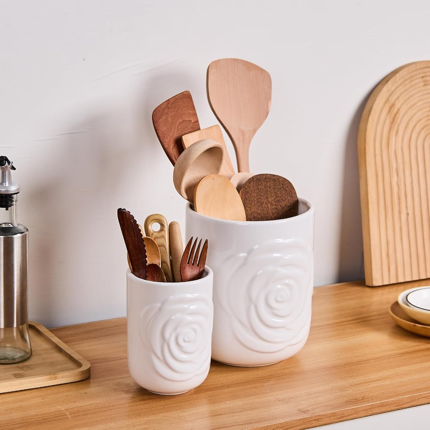 White Ceramic Utensil Holder Set of 2 - Rose Carved Design, Kitchen Countertop Utensil Organizer for Spatula, Spoon & Cooking Tools, Large (7.5") & Small (5.5"), Farmhouse Kitchen Counter Decor