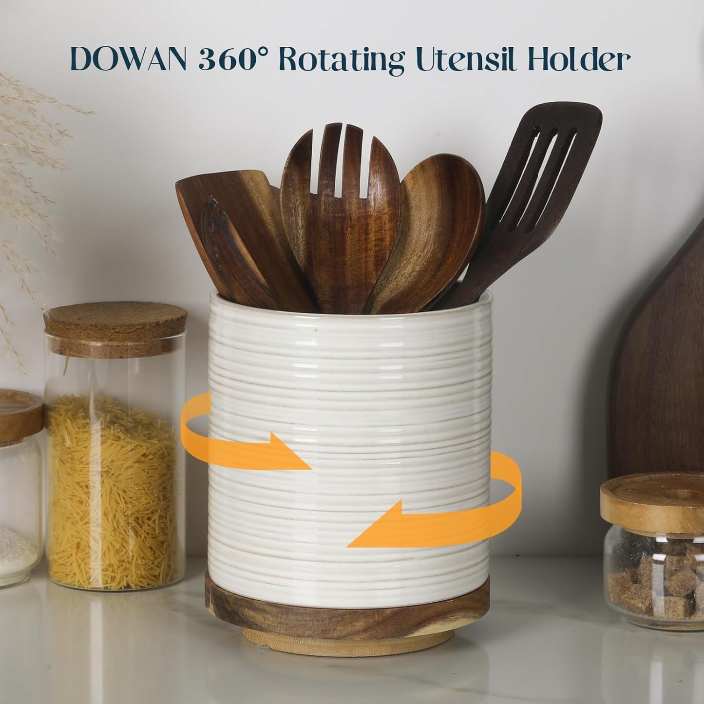 DOWAN 360° Rotating Extra Large Cooking Utensil Holder, 7.6" Kitchen Utensil Holder for Countertop, Utensil Crock for Farmhouse Kitchen Decor, Ceramic Stable Utensil Caddy, White