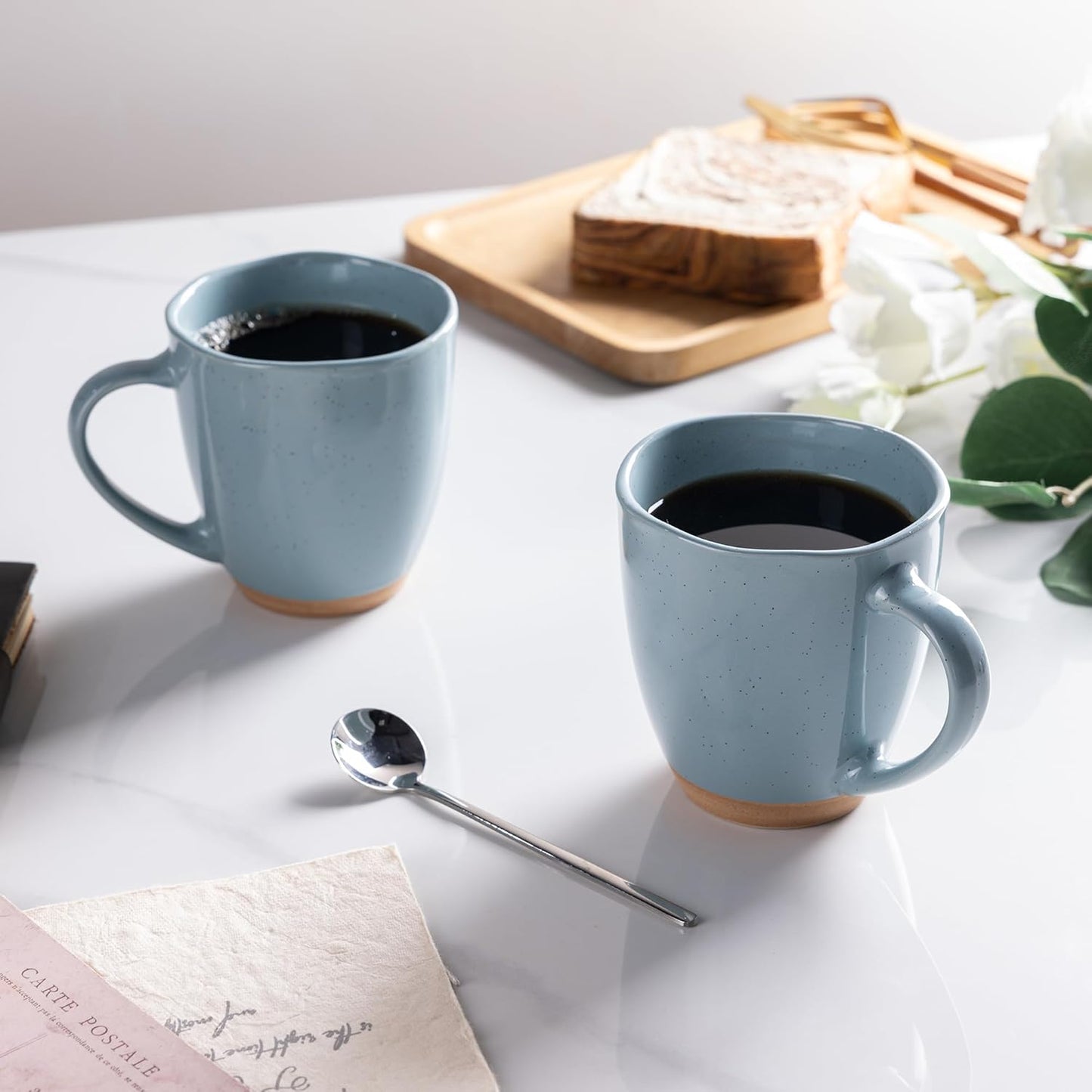 AmorArc 12oz Ceramic Coffee Mugs set of 6, Stylish Coffee Mugs with Rustic Terracotta Underside for Latte/Cappuccino/Milk/Cocoa, Dishwasher&Microwave Safe, Stone Blue