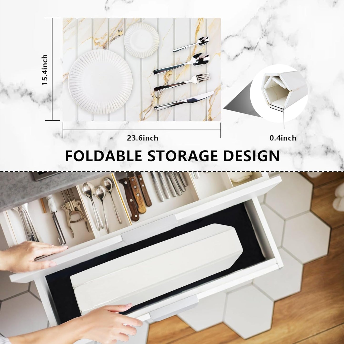 Large Stone Drying Mat for Kitchen Counter Diatomaceous Earth Collapsible 24”（L）*16”（W）Super Heat Resistant Mats, Quick Absorbent Dish Drying Rack（Gold marble）