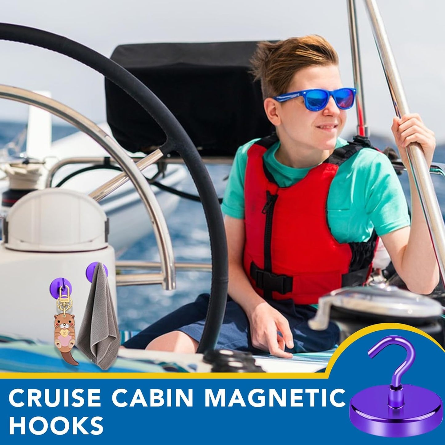 LOVIMAG Strong Magnet Hooks, 150Lbs Metal Heavy Duty, Purple with Hooks for Hanging, Cruise Cabins, Refrigerator - 4 Pack