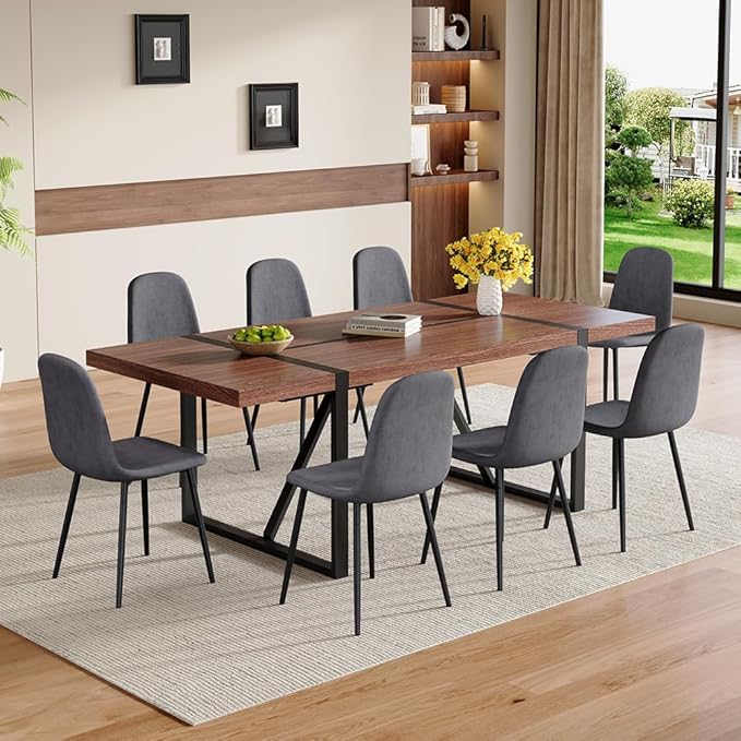 86.6" Dining Table Set for 8, Modern 9 Piece Wood Kitchen Table and Chairs Set, Rectangle Dining Room Table with 8 Linen Fabric Upholstered Chairs, Ideal for Home, Kitchen, or Apartment Dining