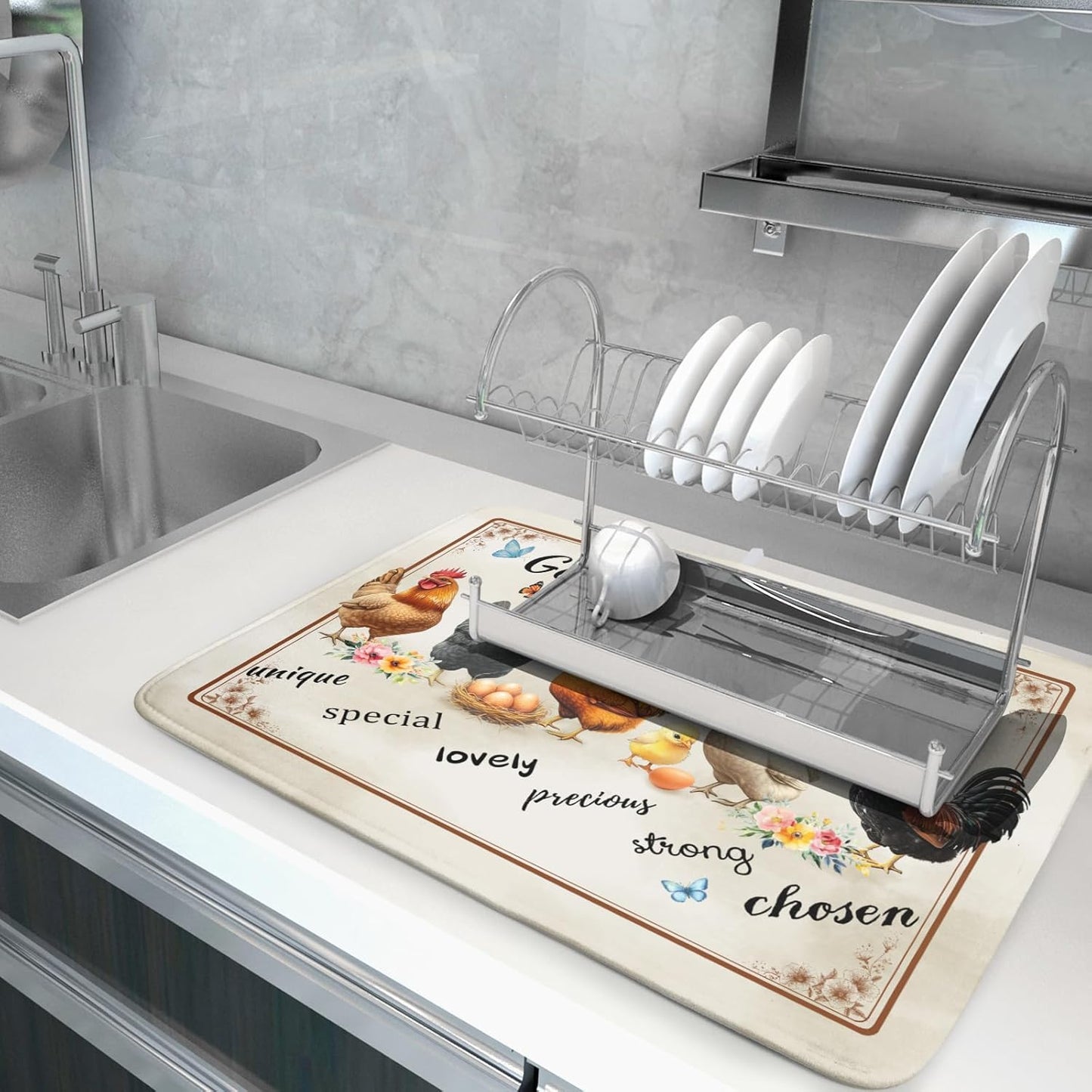 Farmhouse Rooster Dish Drying Mat - Vintage Chicken Absorbent Microfiber Dish Drying Pad for Kitchen Coffee Bar