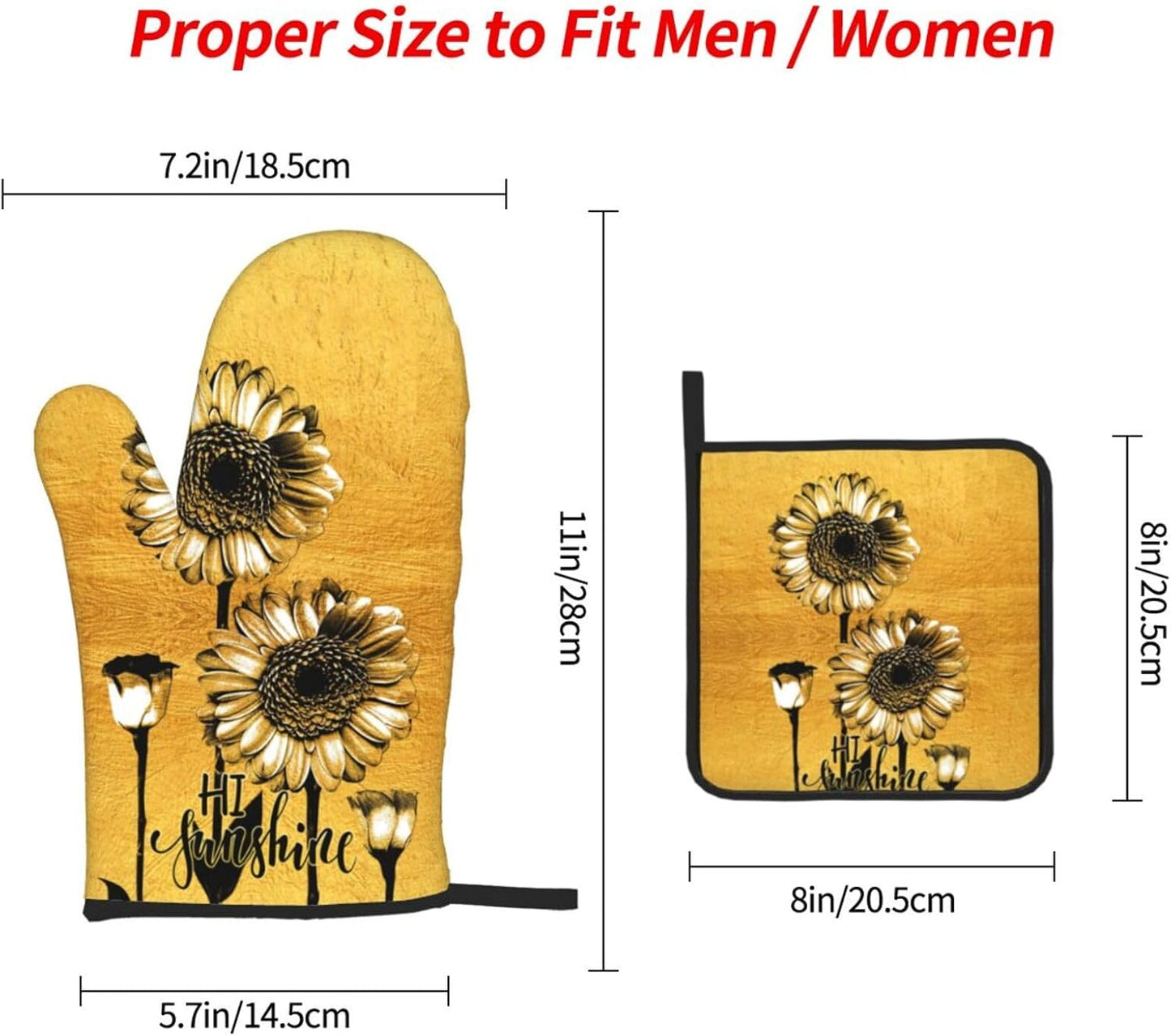 Sunflower Oven Mitts and Pot Holders Sets, Heat Resistant Gold Kitchen Oven Glove for Kitchen BBQ Baking Grilling Cooking, Sunflower Gifts for Women Cooks Bakers Cooking Lover