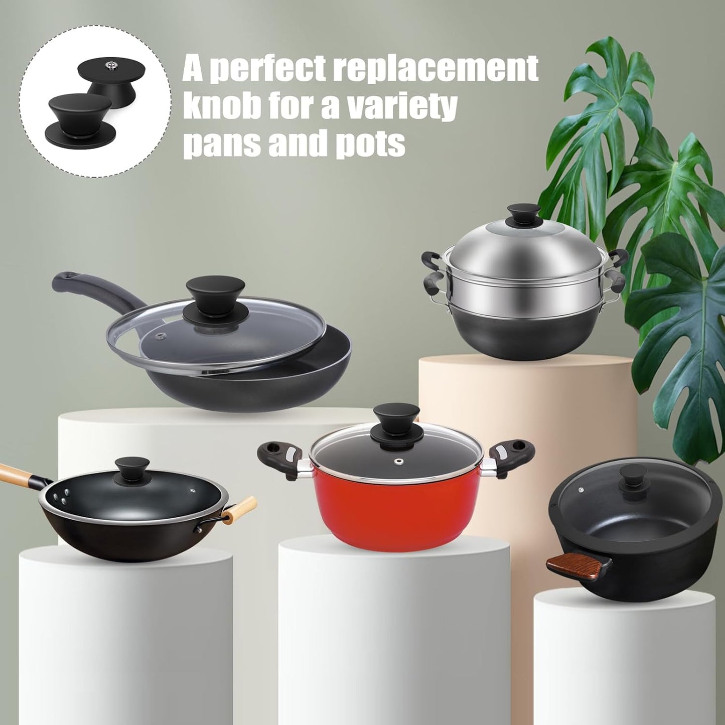 Universal Silicone Pot Lid Replacement Knob, Heat Resistant Pan Lid Holding Handles, Soft Non-Slip Knob for Slow Cookers, Skillets and Kitchen Cookware Covers (2 Pack Black)