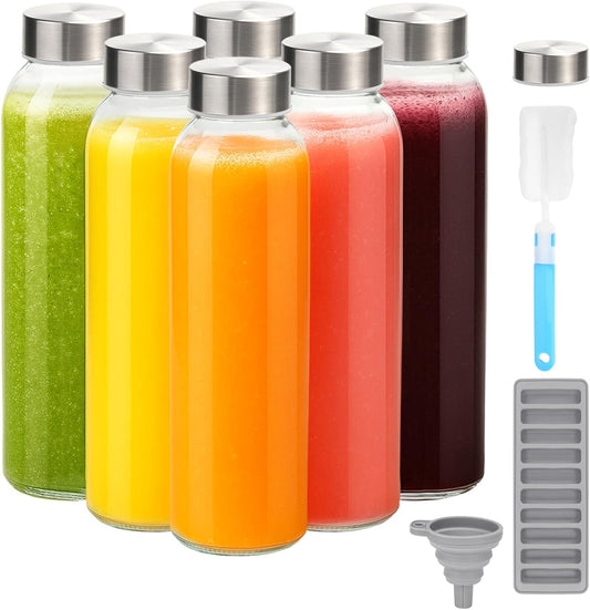 Zukro Glass Water Bottles with Lids 24 oz, 6 Pack Reusable Juice Bottles With Stainless Steel Airtight Cap for Juicing, Leak Proof Clear Drinking Jar Beverage storage container for Fridge, BPA Free