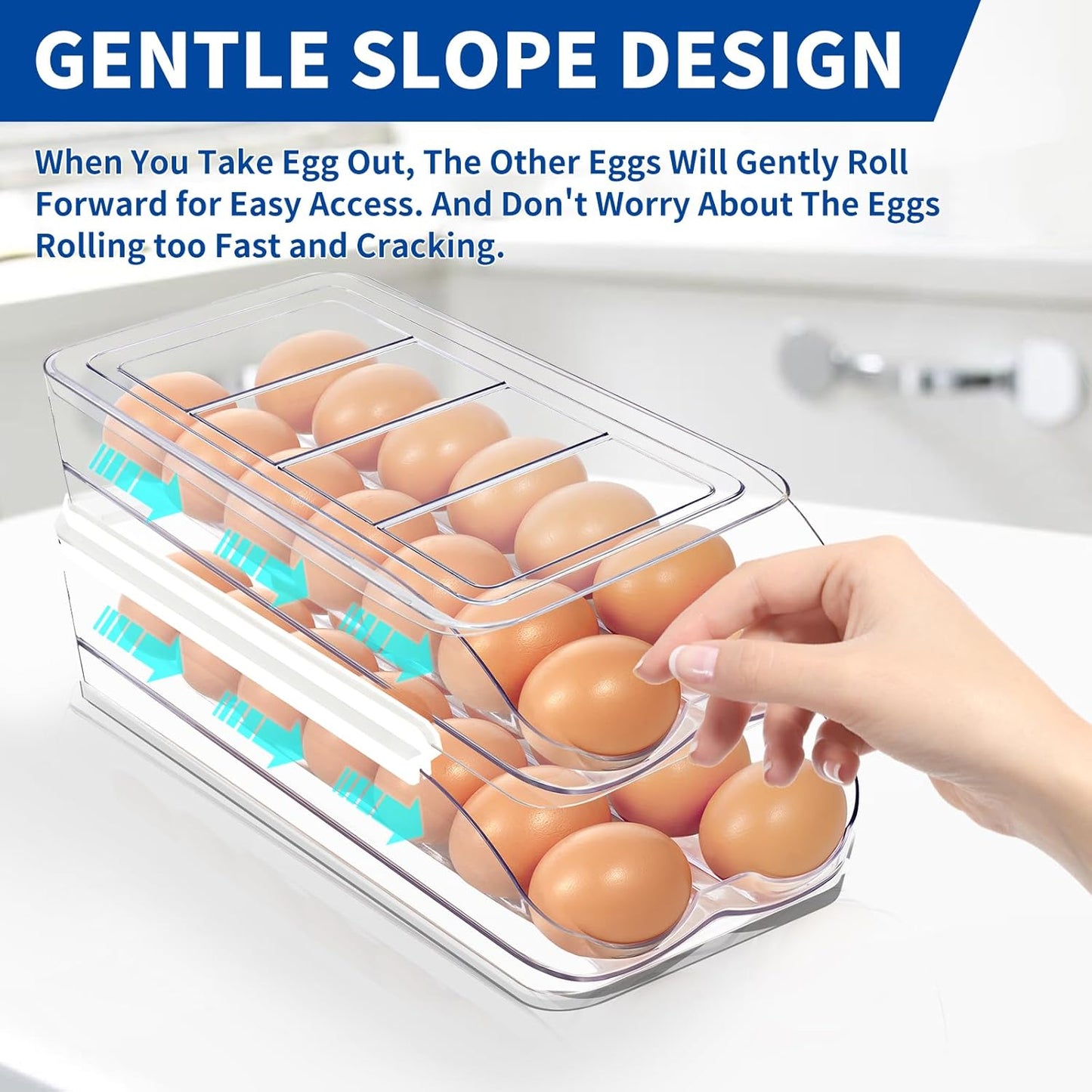 Egg Holder for Fridge, Automatic Rolling Egg Organizer for Refrigerator, Clear Plastic Egg Container & Tray, Stackable Dispenser and Storage Bin with Sturdy Lid to Saving Space -3 Layer