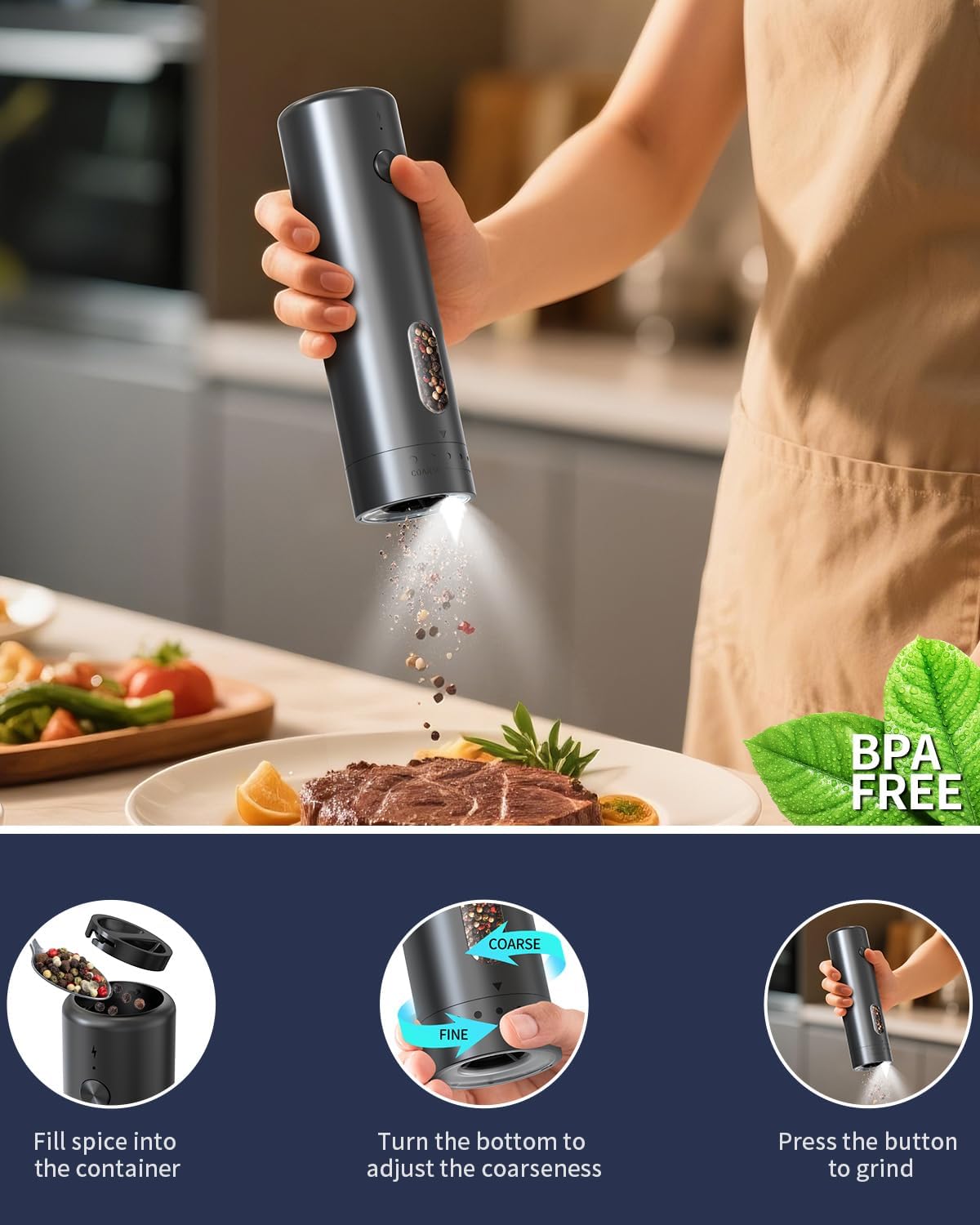 CIRCLE JOY Rechargeable Electric Salt and Pepper Grinder Set with Charging Base, Automatic Pepper Mills with 110ml Container, External Adjustable Coarseness, White Led Light, Easy to Operate, Black