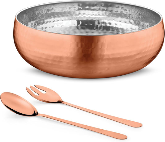 Avador® Set of 3 Premium Stainless Steel Salad Mixing Bowl Hammered Finish | Handmade | Includes Salad Serving Utensils (Rose Gold)