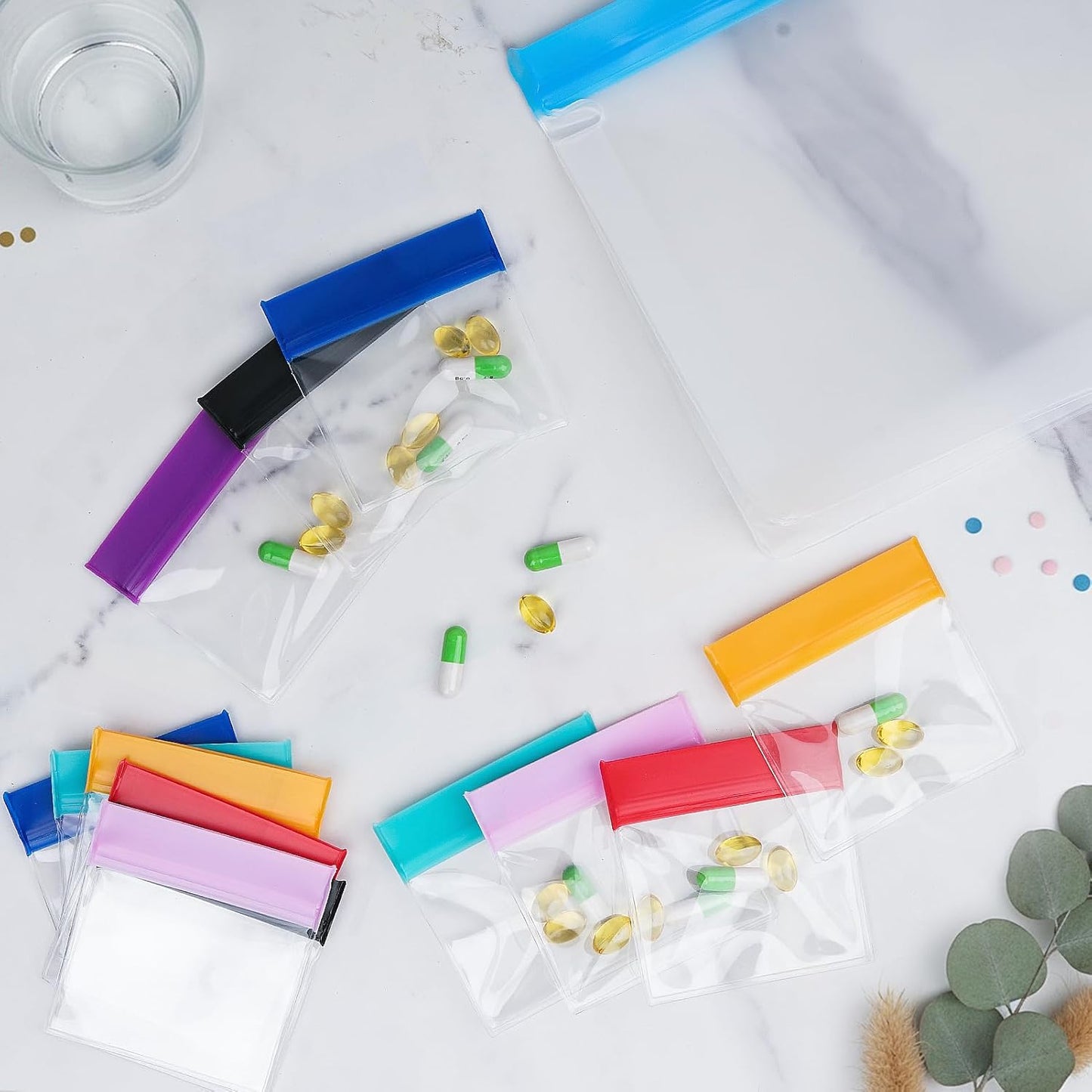 Protein Powder Travel Kit - 14 Single/Double Dose Pouches + 2 Large Storage Bags and 14 Pill Pouch Bags with Funnels, Scoops & Labels, TSA-Compliant Supplement Organizer