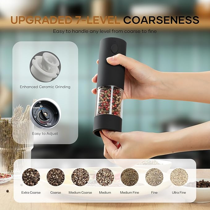 2 Pack Electric Salt and Pepper Grinder Set - USB Rechargeable Automatic Salt Pepper Mill Shaker with LED Light, Adjustable Coarseness, One Hand Operation